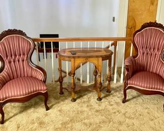 2 victorian chairs and side table