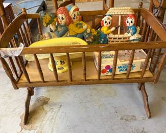 Vintage baby cradle, vintage Raggedy Ann and Andy decor, vintage Mobil, vintage baby scale