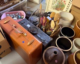 Old suitcases, crocks, salt shakers, Utensils 