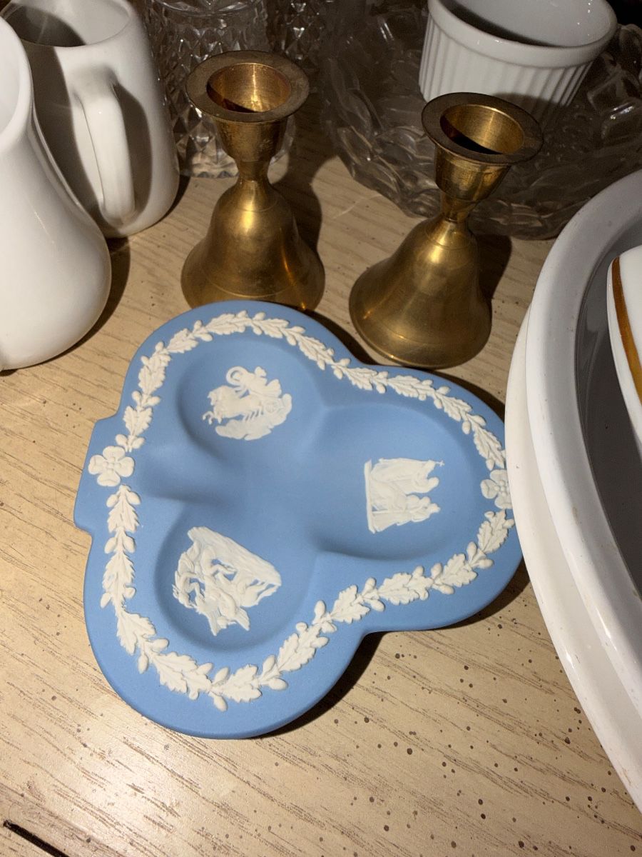 Wedgwood blue jasperware trefoil dish with brass candlesticks