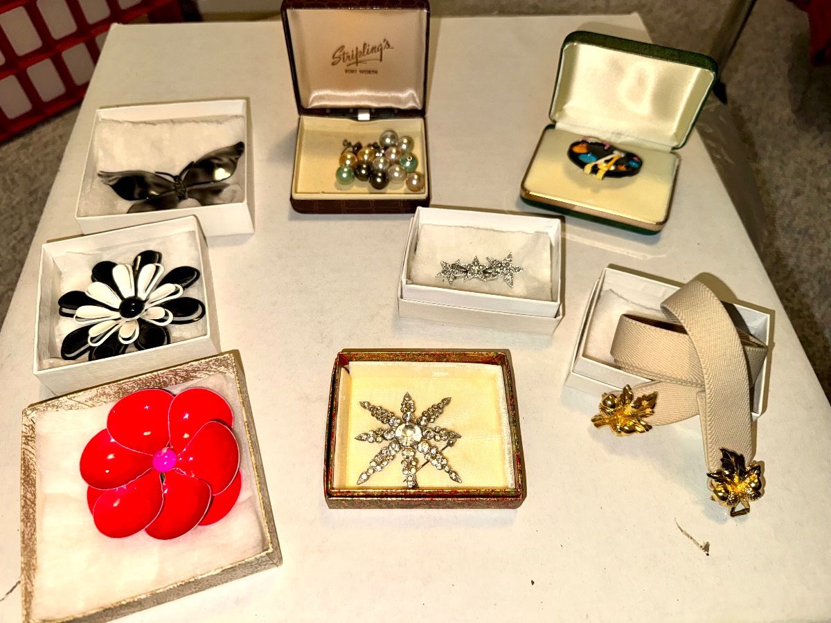 Boxed vintage costume jewelry brooches