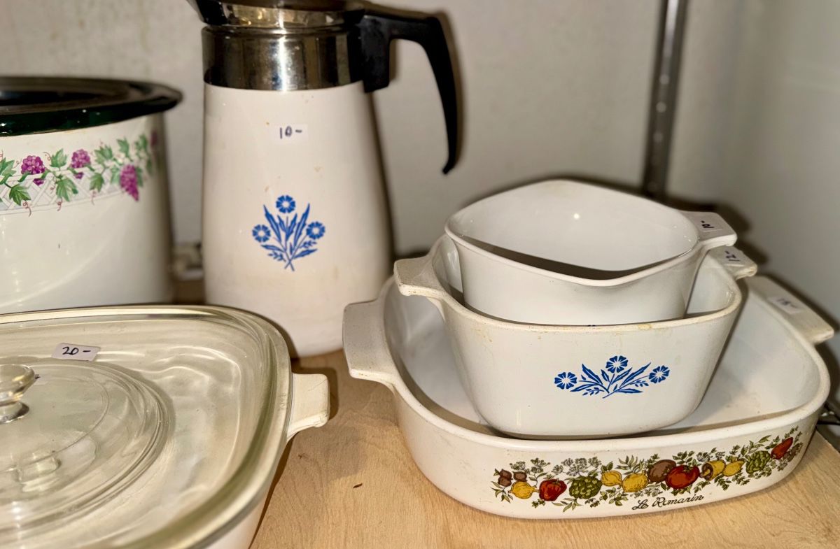 Vintage Corningware Blue Cornflower and Spice of Life casserole dishes and percolator