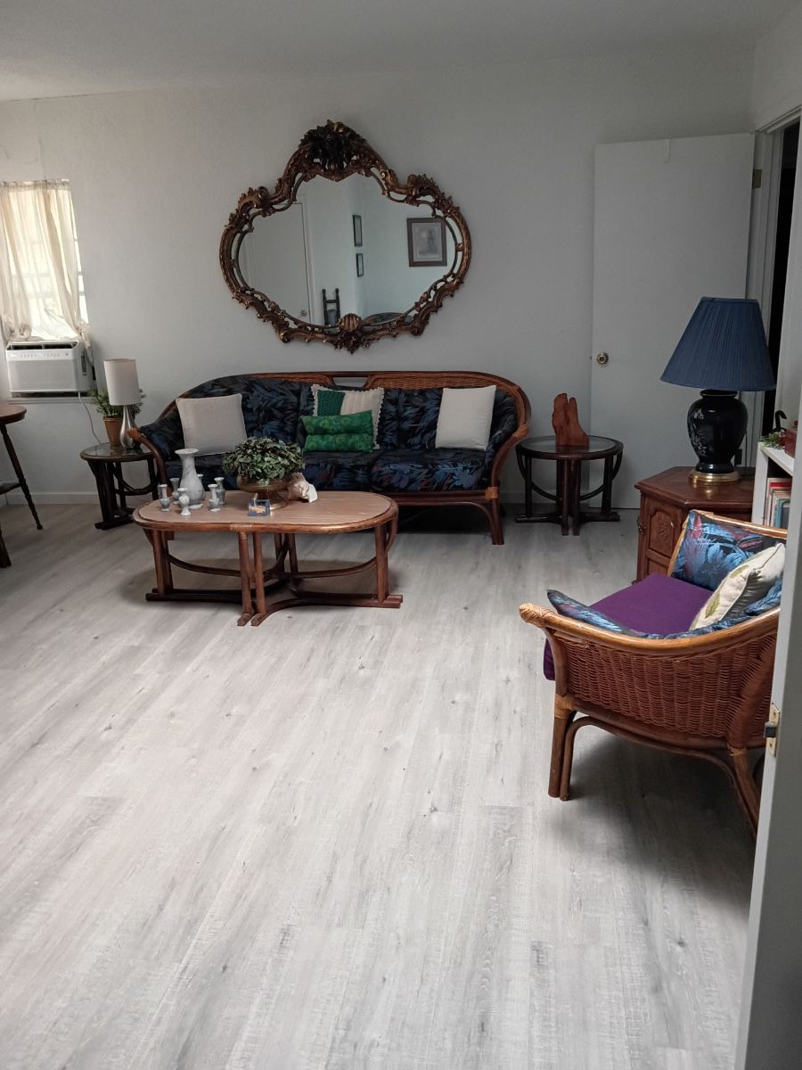 Living room staged with rattan furniture set and ornate wall mirror at an Arlington estate sale