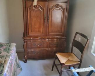 Louis VII French Provincial Style Gentleman's Armoire, Hitchcock Side Chair