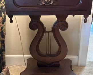 One of a PAIR lyre end tables w/ marble tops