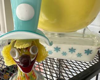 Murano glass clown and American Pyrex