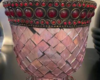 5 Pink Mosaic Glass Red Jeweled Candle Holder