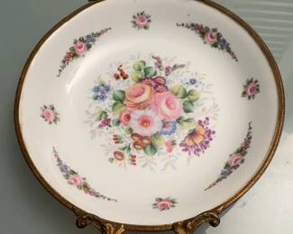 9 French Limoges Vintage HandPainted Floral Porcelain Serving Dish with Brass Handles