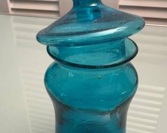 7 MidCentury Italian HandBlown Teal Glass Apothecary Jar with Lid