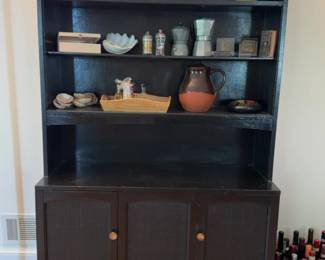 44x17x69 Vintage Black Wood Hutch with Open Shelving and Lower Cabinets