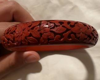 Vintage HandCarved Cinnabar Floral Bangle Bracelet