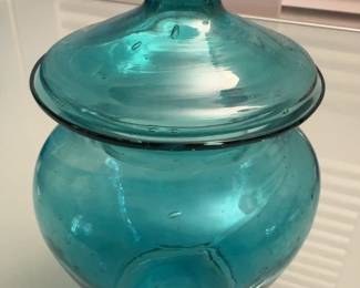 7 MidCentury Italian HandBlown Turquoise Glass Apothecary Jar with Lid