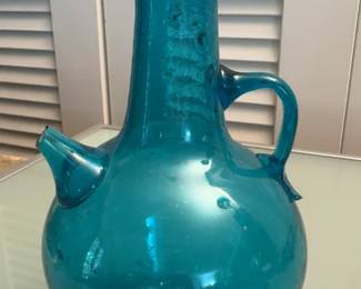 9 MidCentury Italian HandBlown Turquoise Glass Decanter the two glasses are not included
