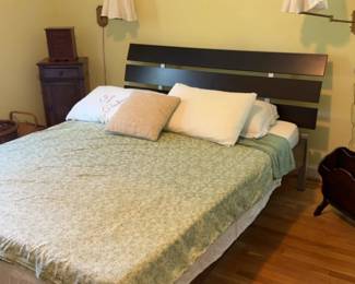 Modern Queen Bed Frame with Slatted Wood Headboard