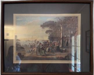 iii 17x21 Antique c. 1832 HandColored Lithograph La Vendemmia a Posillipo after Franz Catel Framed with Gallery Label