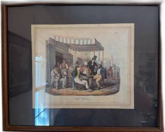 iv 17x21 Antique c. 1828 HandColored Lithograph Cafe Napolitain by Hjalmar Morner Le Villain Framed with Gallery Label