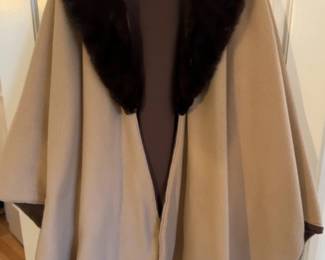 Vintage Camel Wool Blend Cape with Faux Fur Collar