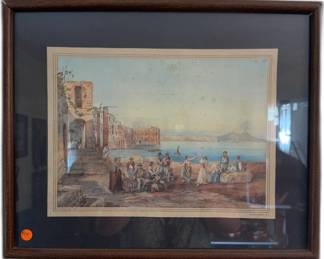 v 17x21 Antique c. 1828 HandColored Lithograph Cafe Napolitain by Hjalmar Morner Le Villain Matching Custom Frame