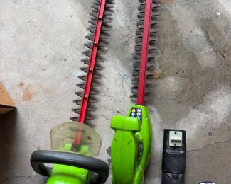 #107 - $160 - Three piece Greenworks yard tool set with battery charge