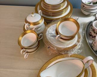#63 - $300 - Wedgwood Ascot bon china white & gold band 10 dinner plates,butter plates, bowls, cups amd saucers, gravy boat.