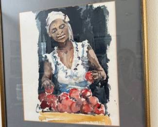 #32A - $90 - Watercolour lady selling fruits at the market
