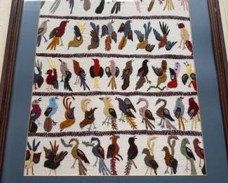 #10 - $90 - Framed textile artwork punch needle stylized birds in various color