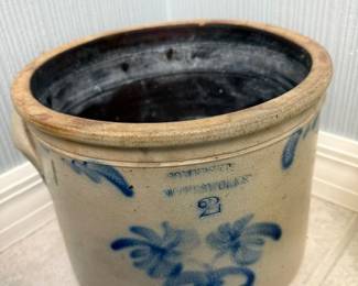 #72 - $140 - Antique 2-gallon salt-glazed stoneware storage crock from Sommerset Potters Works