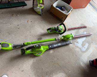 #107 - $160 - Three piece Greenworks yard tool set with battery charge