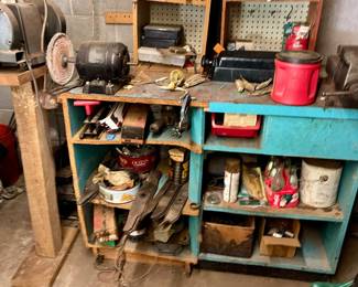 Workbench, grinder, mower blades, etc