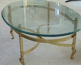 LaBarge Hollywood Regency Brass and Glass Oval Coffee Table