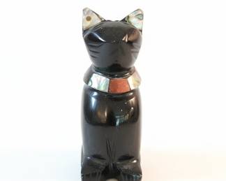 Vintage Mexican Onyx and Abalone Cat Figurines - Pair