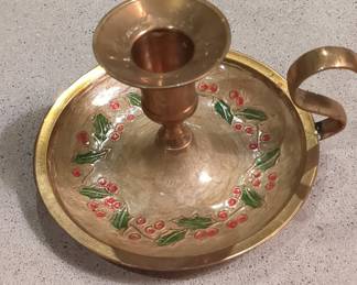 Vintage Brass Chamberstick Candle Holder with Holly Enamel - Made in India