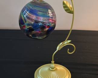 Hand-Blown Art Glass Witch Ball with Leaf Motif Metal Stand