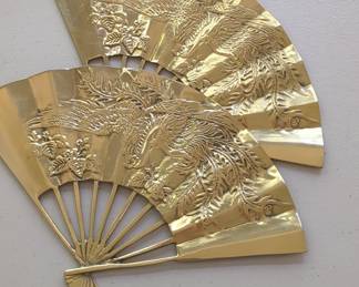 Pair of Vintage Solid Brass Oriental Style Hand Fan Phoenix Dragon Wall Decor