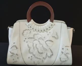 Patricia Nash White Floral Cutout Satchel with Wooden Handles