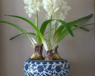 Blue and White Porcelain Narcissus Bowl with Artificial Hyacinths