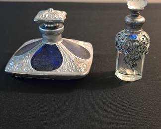 Vintage Cobalt Blue Glass Perfume Bottle with Silver Filigree Overlay