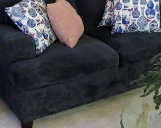Contemporary Dark Charcoal Upholstered Loveseat with Rolled Arms