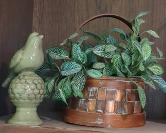 Vintage Ceramic Bird Figurine with Woven Copper Basket Planter containing Fittonia Plant