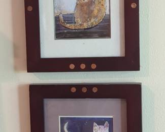 Pair of Decorative Cat Art Prints in Mission-Style Frames