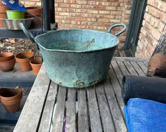 Antique hand-hammered copper cauldron or washing boiler with riveted iron handles, (hand beaten copper) 