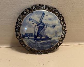 Delft style ceramic/porcelain brooch