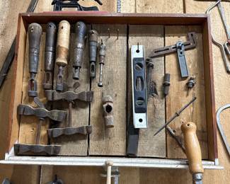 Vintage Auger Bits and Brace Drill Assortment in Wood Crate