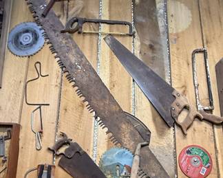 Collection of Vintage Crosscut Saws and Decorative Painted Saw Blade
