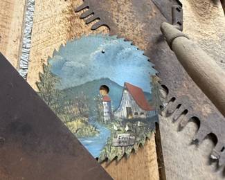 Collection of Vintage Crosscut Saws and Decorative Painted Saw Blade