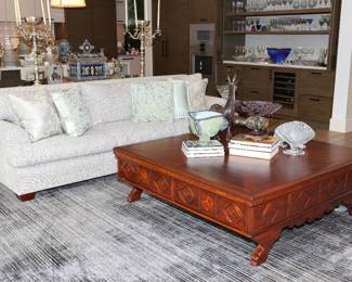 Custom tweed down filled sofa-approx. 10ft long with Arte Brotto Vera Antichita Carved Coffee Table