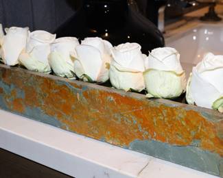 Diane James white roses in a Carnelian moss agate planter