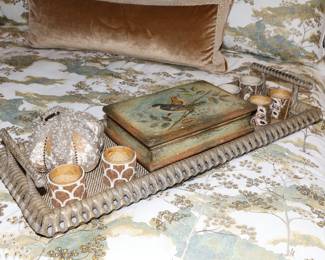 Hand painted bird jewelry box with woven tray