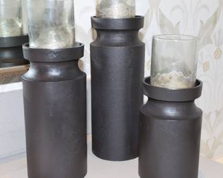 Set of 3 black metal columnar candle holders