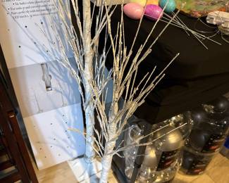 decorative set of pre-lit artificial white birch trees